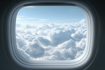 Airplane window view of a vast expanse of fluffy white clouds beneath a clear blue sky