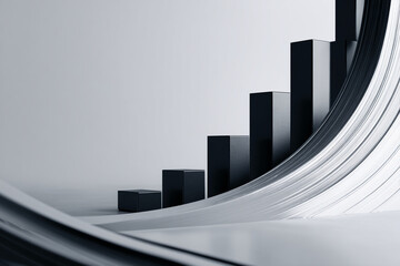 Ascending black cubes on a white abstract background, showcasing growth or progress concept, ideal for business or financial presentations, free space for text