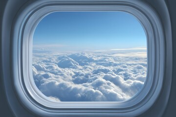 Airplane window view of a vast expanse of fluffy white clouds beneath a clear blue sky.  The clouds are mostly cumulus, with variations in density and size