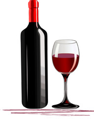 A glass and a bottle of wine.Vector illustration of bottle and glass goblet filled with red wine on transparent background.