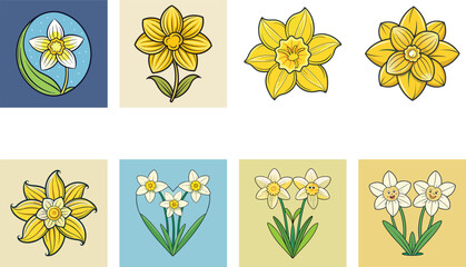 Set Of Cute Cartoon Daffodils Illustration In Different Designs