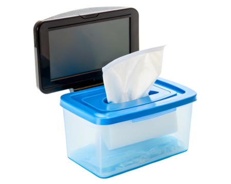 Blue Plastic Wipes Dispenser with Screen Lid and Pop-Up Wipe on a transparent background