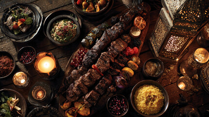 Overhead shot of grilled meat skewers, rice, and various side dishes arranged on a rustic wooden table, lit by candles, showcasing a lavish, atmospheric dining scene