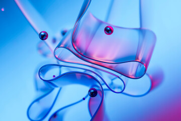 Abstract 3D rendering of glass ribbons and spheres with neon reflections