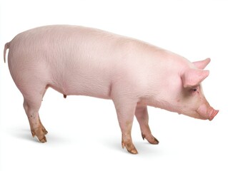 Pink domestic pig side profile isolated on white background
