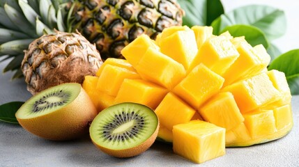 Freshly cut cubes of mango, pineapple, and kiwi fruit.