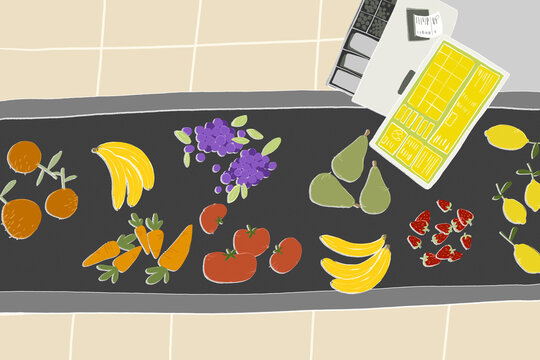 Illustration of a supermarket checkout with fruits and vegetables on a conveyor belt