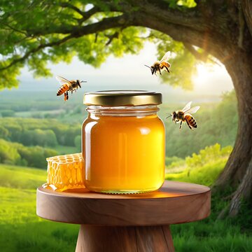 Golden honey jar with bees and honeycomb on a wooden table in a sunny meadow