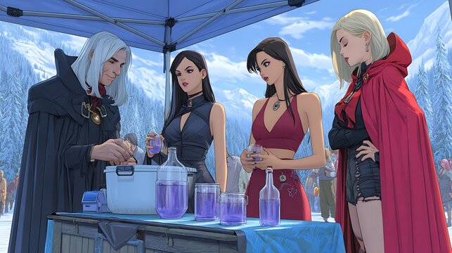 Four Enigmatic Characters Engaged in Potion Brewing Against a Snowy Mountain Landscape