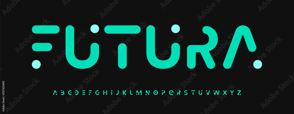 Poster futuristic rounded cutout alphabet, minimalistic geometric dotted font, soft tech typeface for digit
