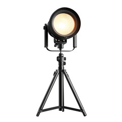 A studio light on a tripod with a bright circular light against a dark black background in a studio setting isolated on transparent background