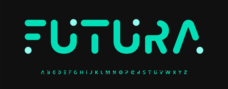 Futuristic rounded cutout alphabet, minimalistic geometric dotted font, soft tech typeface for digital branding, cyber headline style, AI interface typography, electronic UI design. Vector typeset.