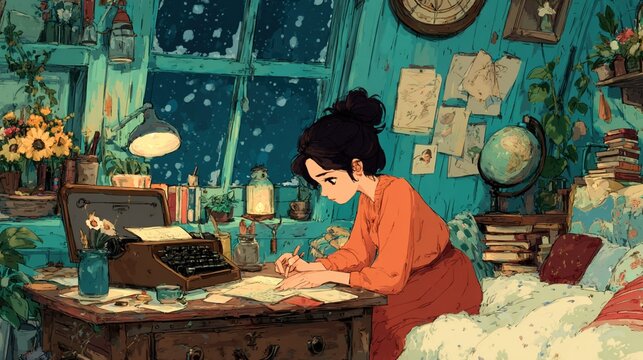 Cozy winter night writing.  Girl sits at a wooden desk, writing in a room filled with plants, maps, and books, under a starry night sky