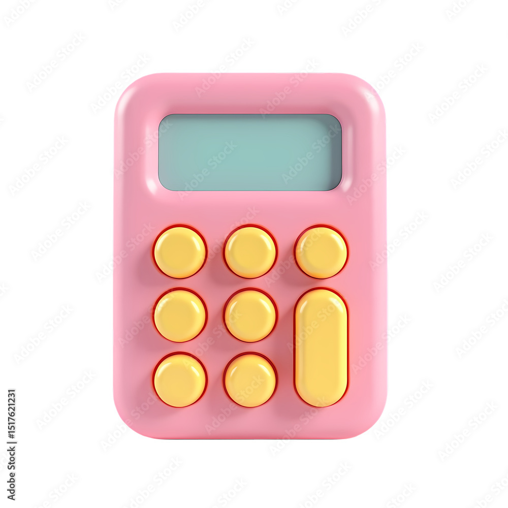 Poster a pink calculator with yellow buttons and a light blue screen isolated on isolated on transparent ba