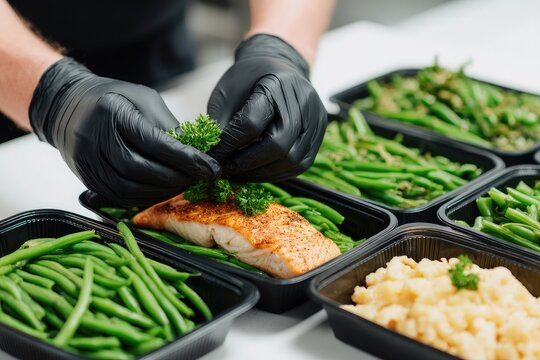Chef in black gloves garnishing salmon dish in meal prep containers