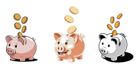 piggy bank and coins, A large piggy bank with coins dropping into it, icons calculators, budget, charts, money, cash, in a vector style illustration, Realistic 3D piggy bank with falling gold coins.