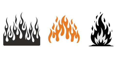 Fire icons, Fire icon vector set. Fire flame symbol. Flame icon collection, Cartoon campfire. Fire flames, bright fireball, heat wildfire and red hot bonfire, campfire, red fiery flames isolated. © LINE SIMPLE DRAWING