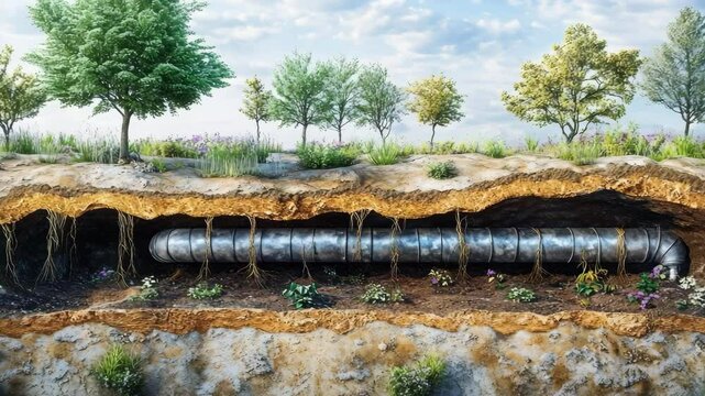 Cutaway cross-section showing an underground irrigation pipe beneath a line of trees, revealing soil layers, root systems, and water flow. Demonstrates how subsurface irrigation supports healthy tree 