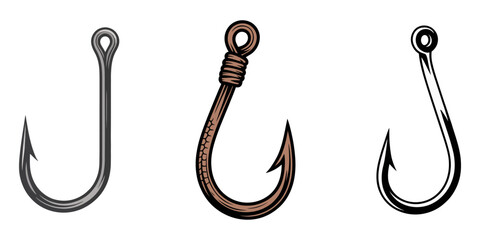 Fish Hook icon illustration flat, Fishing hook isolated on a white background. Color line art, Fishing hook logo vector icon illustration, Fishing hooks in the set. Hooks for peaceful fish, Set.