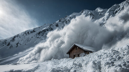 Powerful avalanche rushing down snowy mountain near wooden cabin, extreme winter danger in alpine environment
