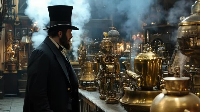 Steampunk inventor surrounded by brass contraptions and smoke in a Victorian-era workshop