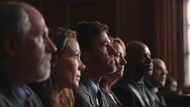 Focused faces of jury show seriousness during intense courtroom moment. Each jury member listens carefully to every testimony. Jury remains central, jury observes everything, jury cannot fail.