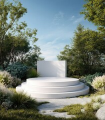 A serene outdoor scene featuring a three-tiered, circular, white platform nestled amidst lush greenery under a bright, partly cloudy sky