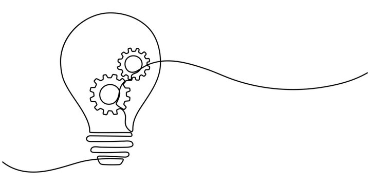 Continuous one single line drawing innovation Light bulb and gears inside icon vector illustration concept, One single line drawing of lightbulb with metal gear wheel inside for machine company logo.