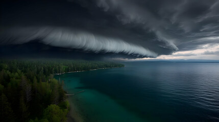 Naklejka premium Dramatic Storm Clouds Over Lake and Forest