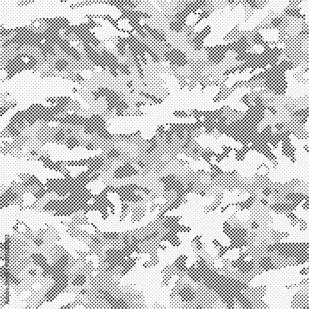 Poster abstract halftone seamless camouflage pattern. repeating digital dotted hexagonal camo military text