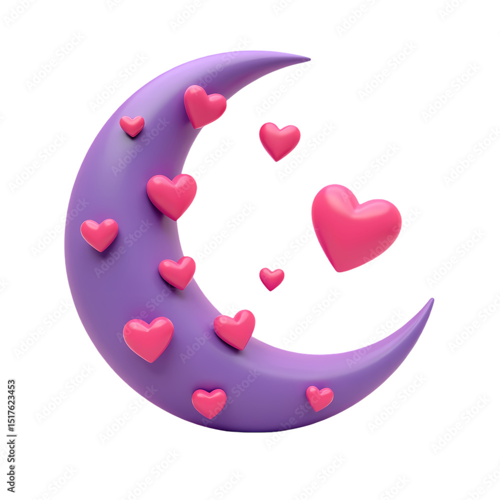 Poster a lavender crescent moon adorned with pink hearts floating in a render style isolated on transparent