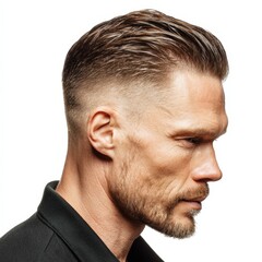 Obraz premium Profile of a man with short stylish brown hair and a beard showcasing a trendy undercut hairstyle