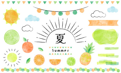 Summer frame-16 夏のあしらいセット。トロピカルなフルーツの装飾。水彩の装飾セット。