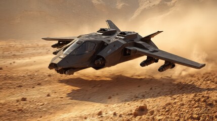 Futuristic Military Aircraft Flying Low Over Desert Terrain at High Speed