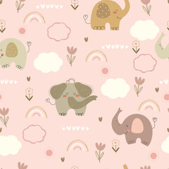 Cute pattern with elephants, flowers, clouds and rainbows. Vector illustration with hand drawn cartoon animals and flowers. 