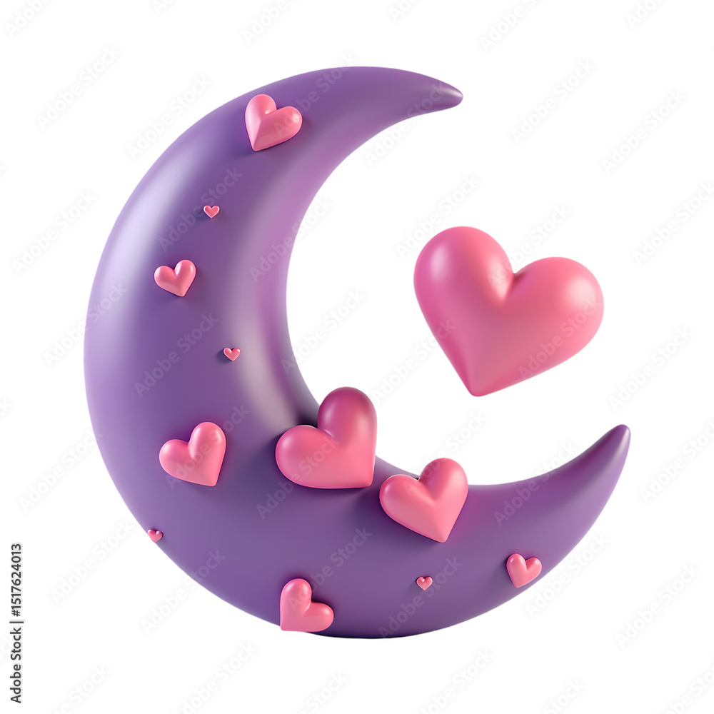 Poster a crescent moon in purple with pink hearts attached and floating around it isolated on transparent b