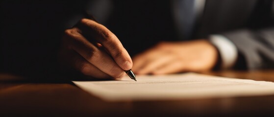 Close-Up of Man’s Hand Signing Document on Dark Wood Table