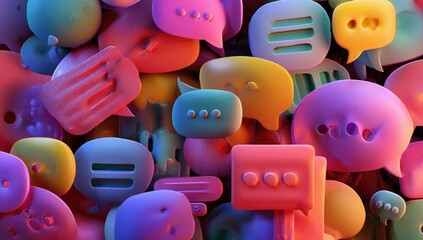 A vibrant, colorful array of 3D speech bubbles in various shapes and sizes, overlapping and creating a dynamic composition