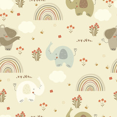Hand drawn pattern with elephants, flowers, bees and rainbows. Vector illustration with hand drawn cartoon animals and flowers. 
