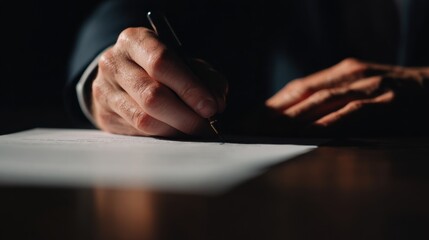 Close-Up of Man’s Hand Signing Document on Dark Wood Table