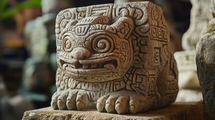 Stone carving of a feline creature with detailed features and weathered texture.