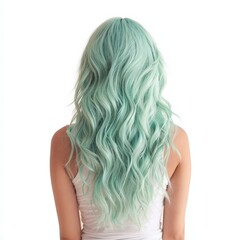 Fototapeta premium Woman with long wavy mint green hair viewed from behind showcasing a vibrant hair color and healthy texture