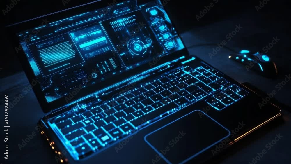 Poster futuristic laptop displaying intricate interface with glowing keyboard and mouse setup