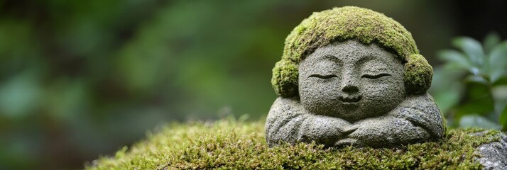 Fototapeta premium Stone statue with mossy hat in garden setting with blurred green background.