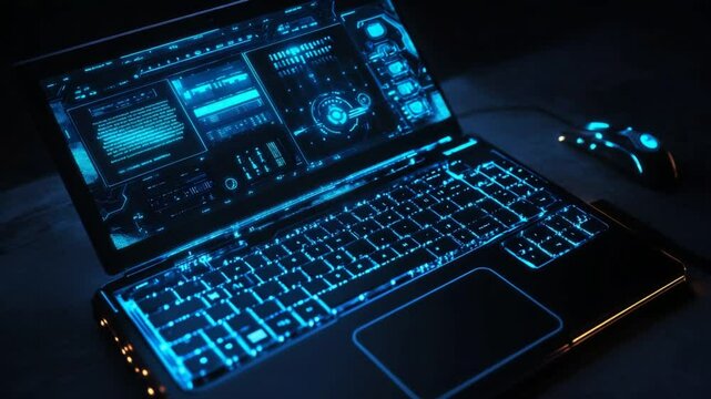 Futuristic Laptop Displaying Intricate Interface with Glowing Keyboard and Mouse Setup - Powered by Adobe