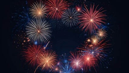 Fototapeta premium Bursting Fireworks Against a Night Sky in Festive Display