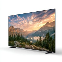 Modern Flat Screen Television Displaying a Stunning Mountain Landscape at Sunset