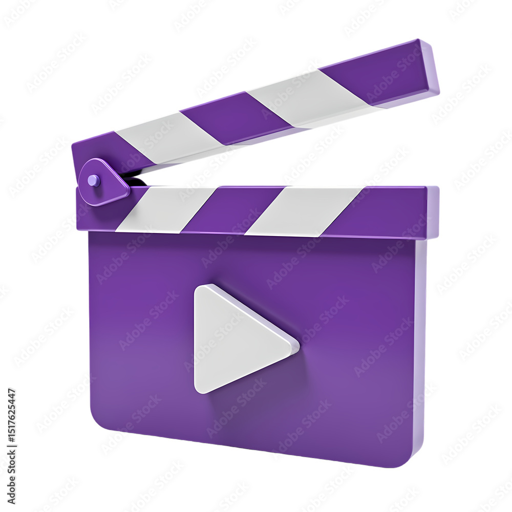 Poster a purple and white clapperboard with a play button on it in isolated on transparent background