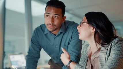 Night, documents or business people with computer, help or cooperation with advice for budget report. Employees, coaching or financial consultant in office, paperwork and PC with accounting or invest