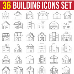 Set of Building Icons With Editable Stroke. This Set Contains an Apartment, a Hospital building, a Church building, Construction, a Home, Urban, and suburban housing. Pixel Perfect